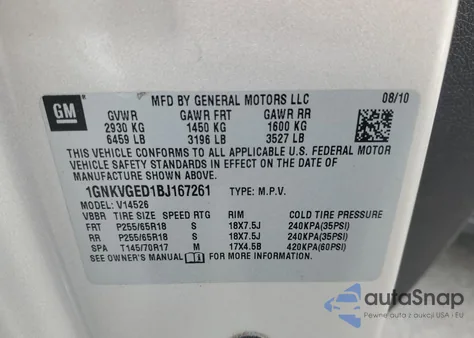 2011 Chevrolet Traverse Lt из США, поврежденный, VIN 1GNKVGED1BJ167261